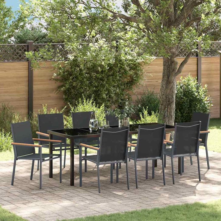 vidaXL Tuin Eettafel Set 9 pcs Zwart Poedergecoat staal, Tuin en Terras, Tuinsets en Loungesets, Nieuw, Verzenden