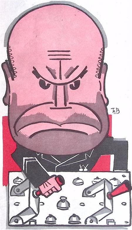 Spotprent met het GROTE HOOFD-kwartier van Mussolini, Antiquités & Art, Art | Lithographies & Sérigraphies, Envoi