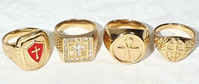 4 religieuze ringen - Egyptisch Kruis, Latijnse Kruisen (2), Antiquités & Art, Antiquités | Livres & Manuscrits