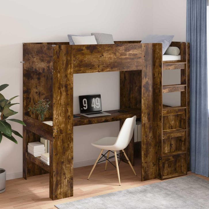 vidaXL Stapelbedframe met Bureau Rook Eiken 80 x 200 cm, Huis en Inrichting, Slaapkamer | Bedden, Nieuw, Verzenden