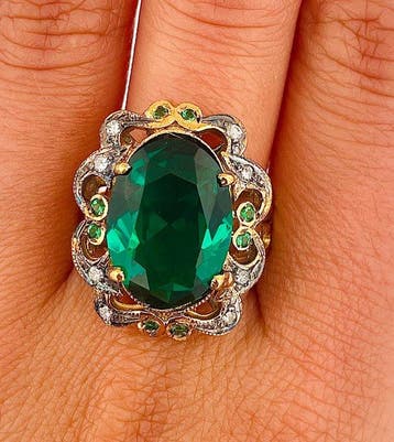 Zonder minimumprijs - Ring - 9 kt. Geel goud, Zilver Smaragd