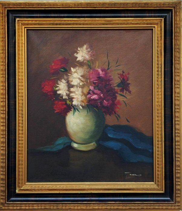 École catalane (1950s) - Bouquet aux tonalités rouges et, Antiquités & Art, Art | Peinture | Classique