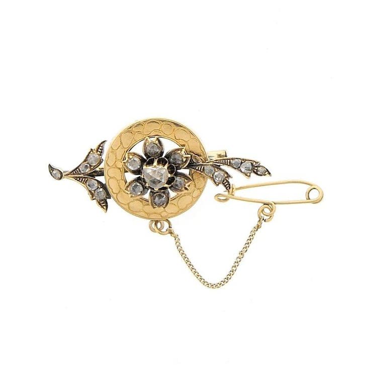 Antiek gouden broche met roos geslepen diamanten; ca. 0,4..., Bijoux, Sacs & Beauté, Broches, Enlèvement ou Envoi