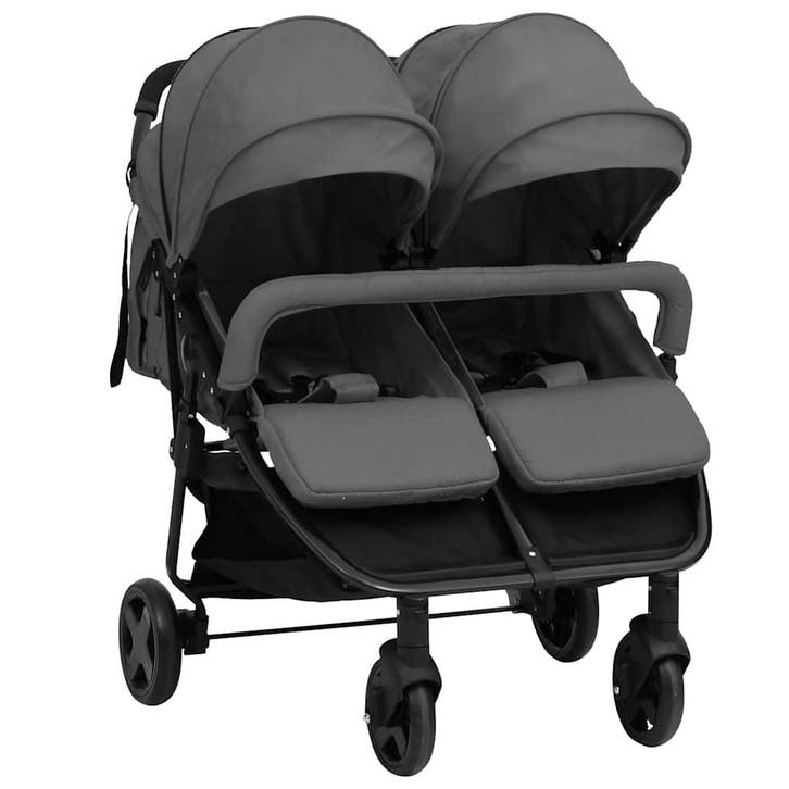 vidaXL Tweelingbuggy staal donkergrijs en zwart, Kinderen en Baby's, Kinderwagens en Combinaties, Nieuw, Verzenden