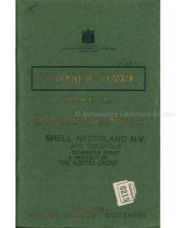 1949 HUMBER HAWK MARK III INSTRUCTIEBOEKJE ENGELS, Ophalen of Verzenden