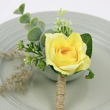 Luxe corsage zijden roos geel groen boutonnière op pinclip, Nieuw