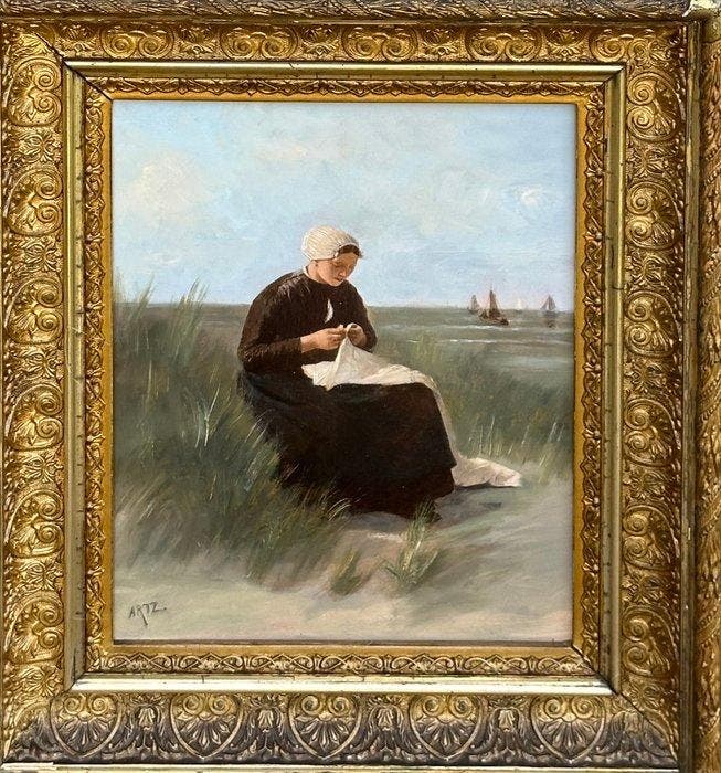 Artz (XIX) - Vrouw in de duinen, Antiek en Kunst, Kunst | Schilderijen | Klassiek