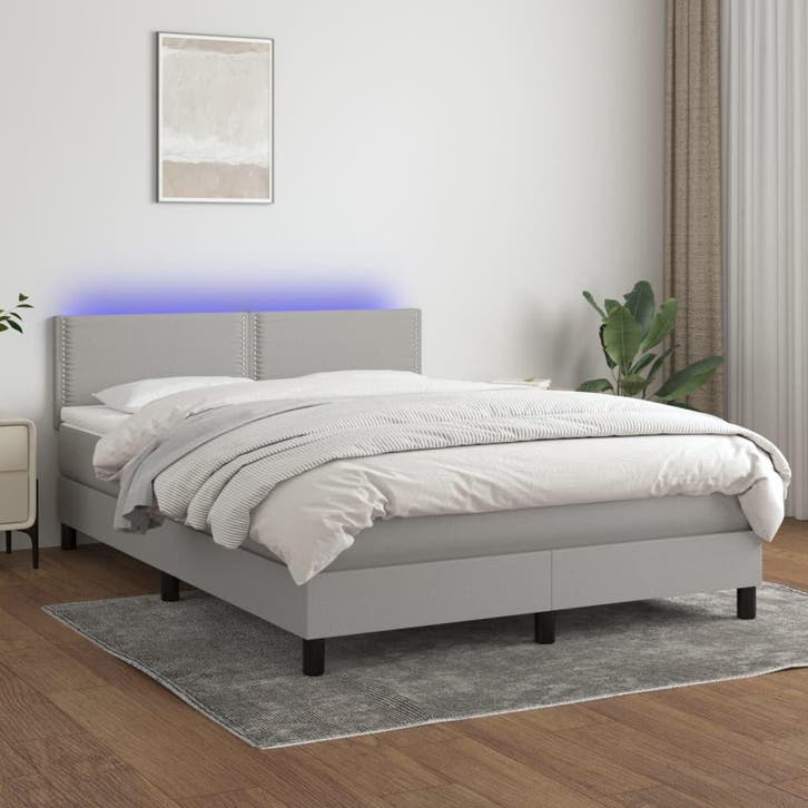 vidaXL Boxspring met matras en LED stof lichtgrijs 140x200, Maison & Meubles, Chambre à coucher | Lits, Envoi