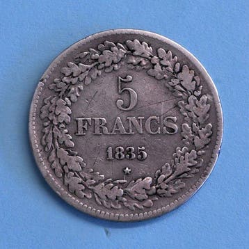 België. Leopold I. 5 Frank 1835 Positie B RAAR (Zonder