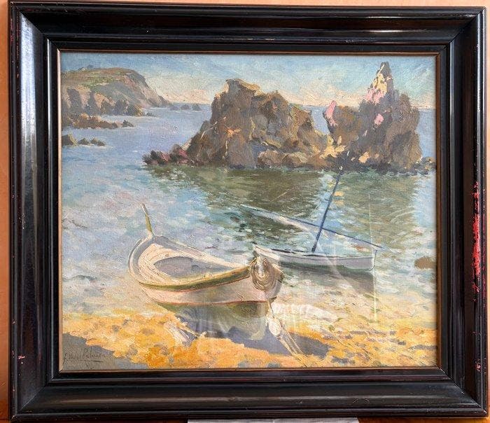 Francesc Vidal Palmada (1894-1958) - Barcas en la playa, Antiek en Kunst, Kunst | Schilderijen | Klassiek