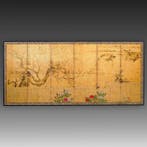 Paravent pliant avec des oiseaux, du feuillage printanier et, Antiquités & Art