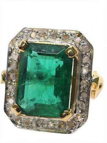 Zonder minimumprijs - Ring - 9 kt. Zilver, Geel goud Smaragd