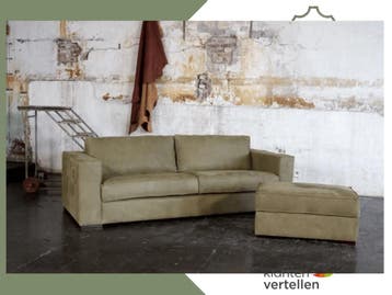 Leren 3-zits bank met Franse stiknaad en houten poten - en, Antiek en Kunst, Ophalen of Verzenden