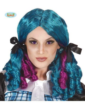 Halloween pruik met staartjes in blauw en paars, Ophalen of Verzenden