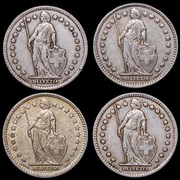 Zwitserland. 1 Franc 4x 1931/1956 (Zonder minimumprijs)