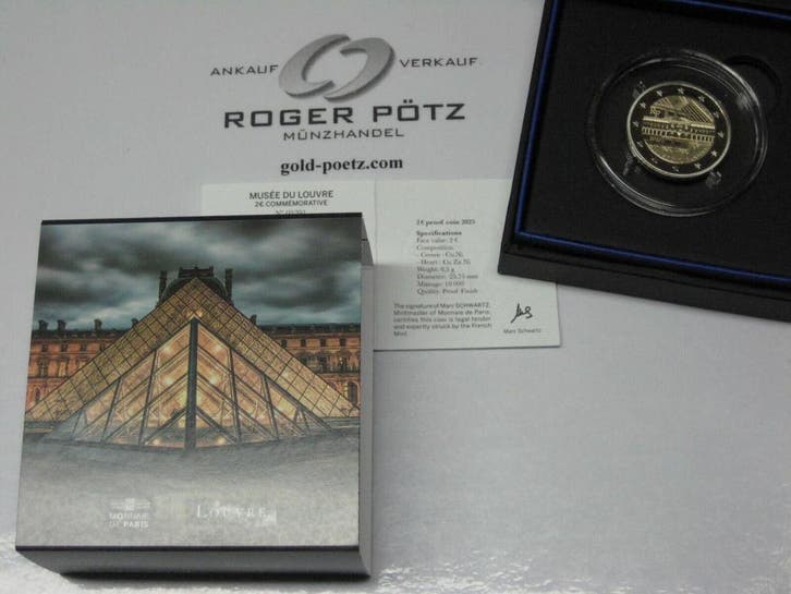 Frankreich 2 Euro 2025 Louvre Proof Pp koper-nikkel, Postzegels en Munten, Munten | Europa | Euromunten, België, Verzenden