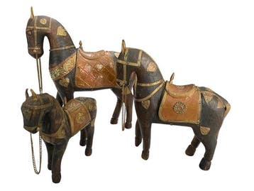 Beeldje, Set Indische paardjes - 27 cm - Hout, Koper