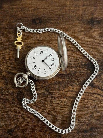 Montre de poche en argent – Cadran émaillé – Avec clé -, Nieuw