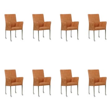 Set van 8 Leren eetkamerstoelen Comfort met wieltjes en, Ophalen of Verzenden, Nieuw, Leer, Eén