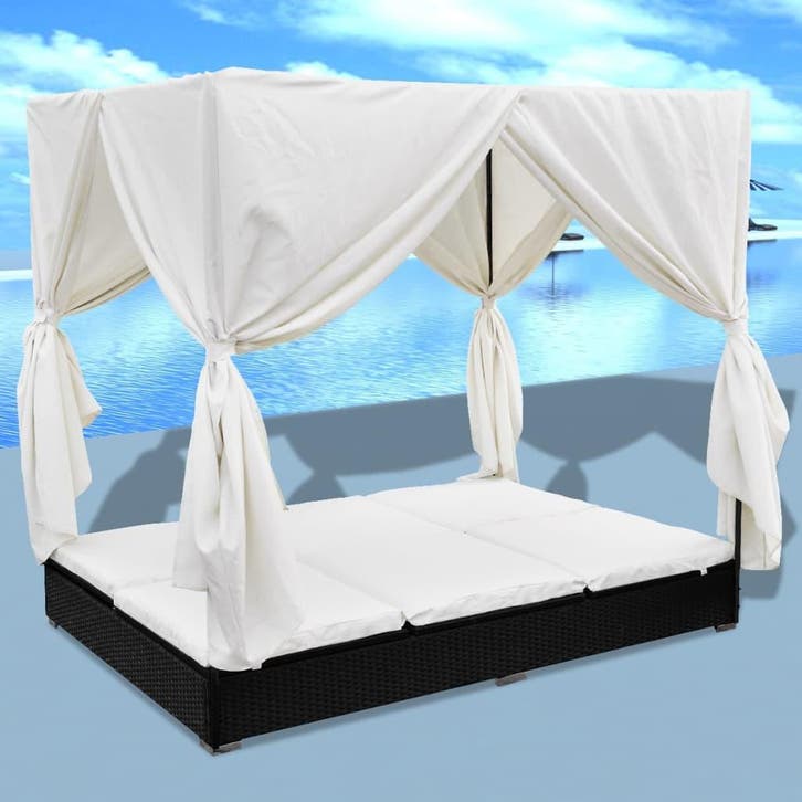 vidaXL Loungebed met gordijnen poly rattan zwart, Tuin en Terras, Ligbedden, Nieuw, Verzenden