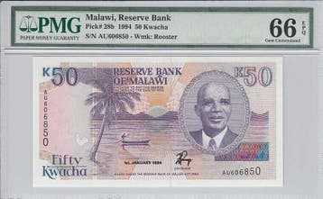 1994 Malawi 50 Kwacha Pick 28b Pmg Gem Unc 66 Epq, Verzenden