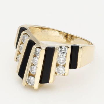 Bague - 14 carats Or jaune Onyx - Diamant, Nieuw