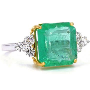Ring - 14 karaat Geel goud, Witgoud - 7.67ct. tw. Smaragd -, Nieuw