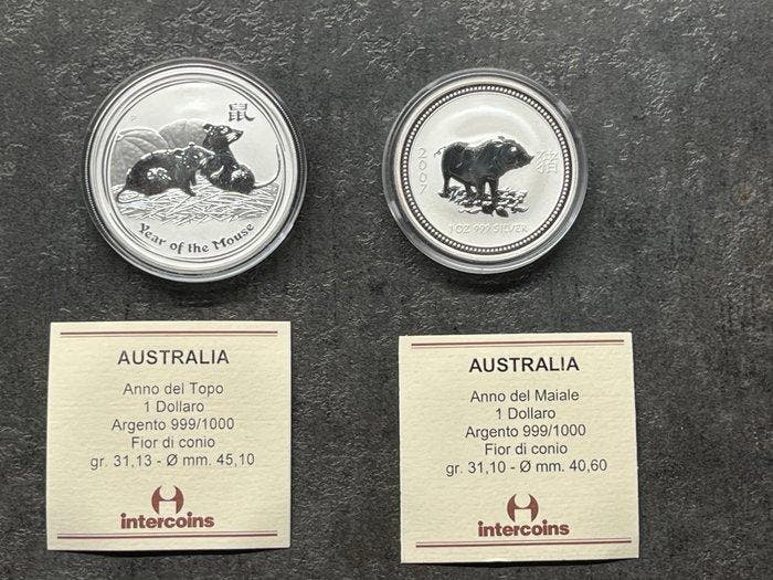 Australie. 1 Dollar 2007/2008, 2 x 1 Oz, Postzegels en Munten, Munten | Europa | Niet-Euromunten