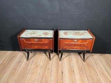 Nachtkastje - Hout, Marmer - Een paar vintage houten, Antiek en Kunst