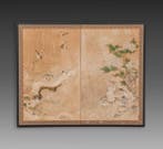 Vouwscherm met een winters tafereel van een uil en katten -