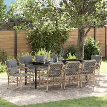 vidaXL Tuin Eettafel Set 9 st Beige poly rattan, Verzenden, Nieuw