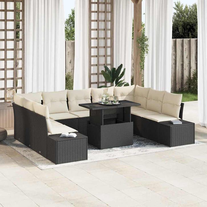 vidaXL Tuinbank Set met opslag 10 pcs Zwart Poly rattan, Tuin en Terras, Tuinsets en Loungesets, Nieuw, Verzenden