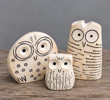 sculptuur, Set of Three Abstract Owl Figurines - 7 cm - Hars