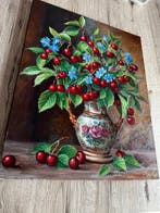 BarBeni (1981) - Cherries and Blue Blossoms in a Floral, Antiek en Kunst