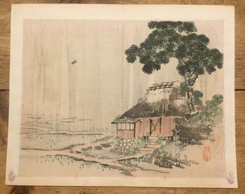 Antieke Japanse houtblok prent van een boerderij tussen de
