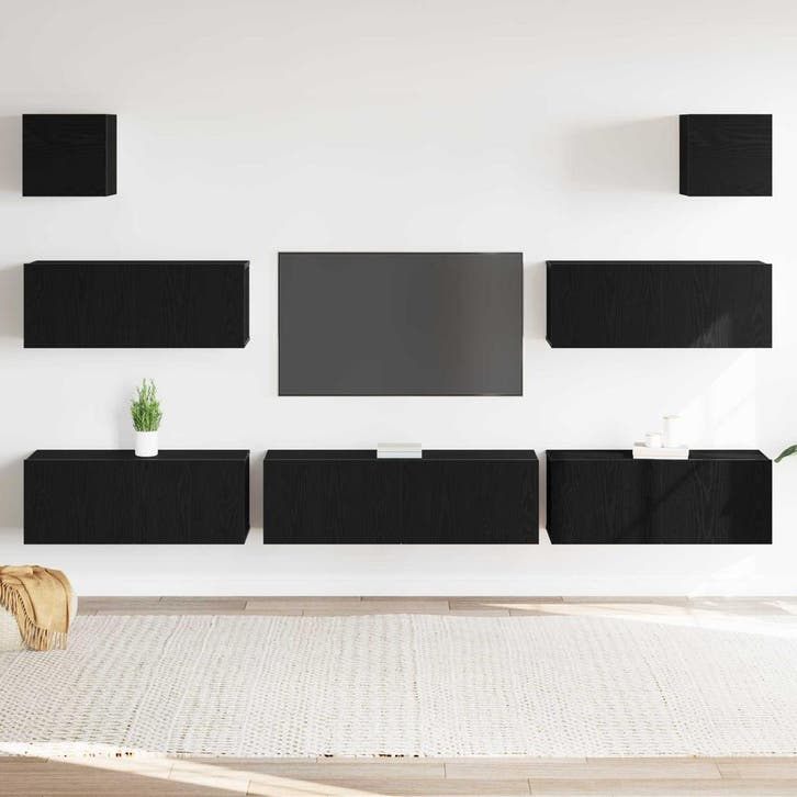 vidaXL Tv-meubelset 7 pcs Zwart Eiken Bewerkt hout, Maison & Meubles, Armoires | Mobilier de télévision, Envoi
