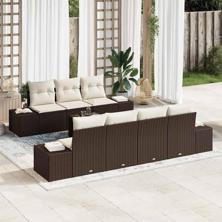 vidaXL Tuinbank Set met kussen 8 pcs Bruin en Crème poly, Tuin en Terras, Tuinsets en Loungesets, Nieuw, Verzenden