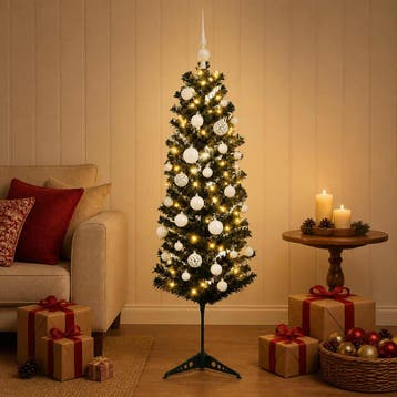 vidaXL Smalle kunstkerstboom met kerstbal 150 cm 150 LEDs, Verzenden, Nieuw