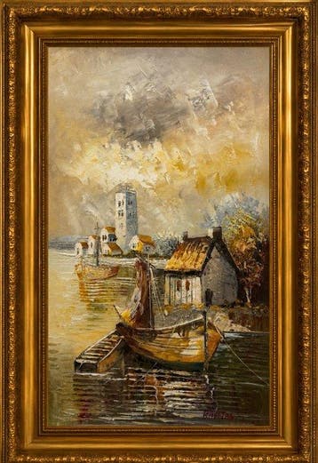 Edward Barton (1936-2012) - Atmospheric Harbour Landscape, Antiek en Kunst