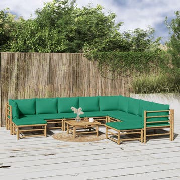vidaXL 11-delige Loungeset met kussens bamboe groen, Verzenden, Loungeset