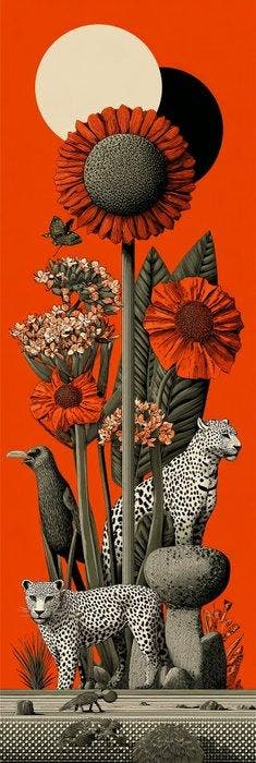 I_KONIQ - Leopard and gigantic sunflower in Boho style 50 x, Antiek en Kunst, Curiosa en Brocante