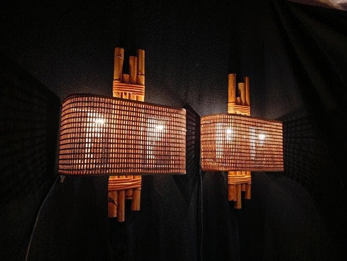 Lampe murale - Bois, Rotin, rafia - artisanal, Antiek en Kunst, Kunst | Designobjecten