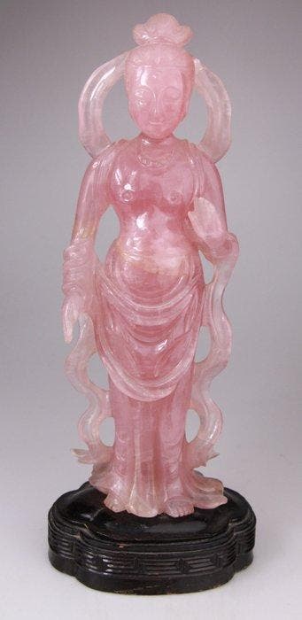 Chinese Carved Quartz Rose Sculpture Statue Kwanyin Lady
