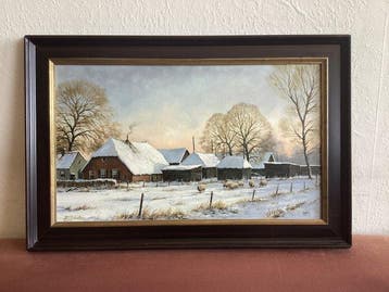 J. Scholten (XX) - Boerderij in de winter met schapen te