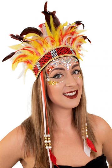 KIMU® Verentooi Geel Rood Wit Veren Tooi Hoofdtooi Indianent, Ophalen of Verzenden, Nieuw