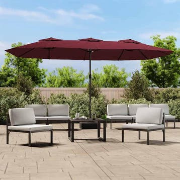 vidaXL Parasol dubbel dak met LED 449x265 cm bordeauxrood, Verzenden