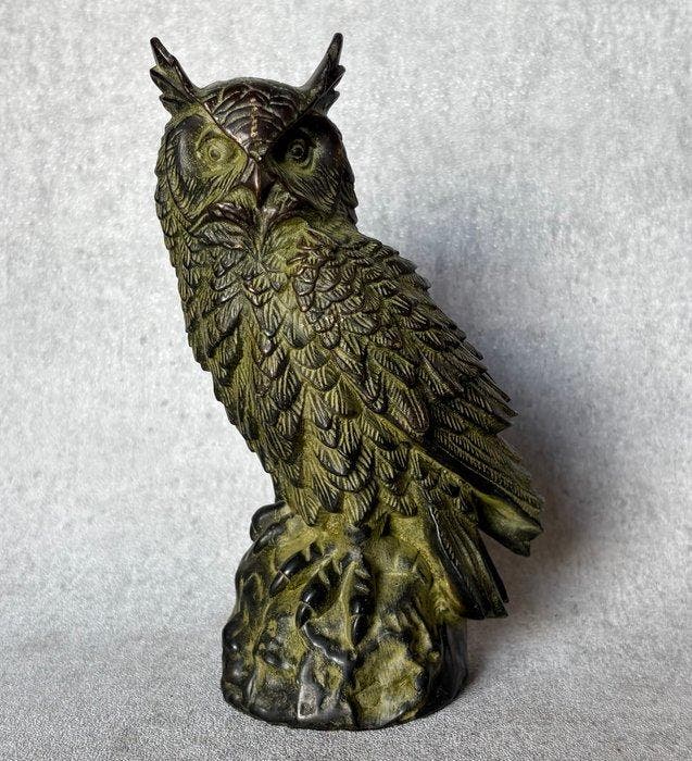 Beeld, Bronzen uil 20 cm groene patina (Zonder Minimumprijs), Antiquités & Art, Curiosités & Brocante