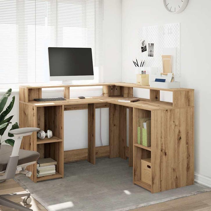 vidaXL Bureau met LED-verlichting 130x130x91 cm hout, Huis en Inrichting, Bureaus, Nieuw, Verzenden