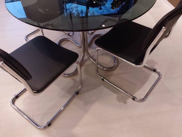 Tafel - Staal, Glas, Synthetisch leder - Ronde tafel met een, Antiquités & Art, Art | Objets design