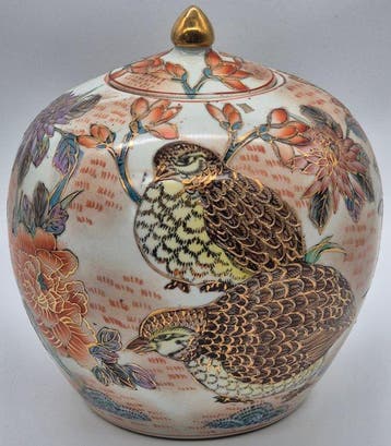 Japanische Deckelvase mit Wachtelmotiv – Satsuma Keramik -, Antiek en Kunst